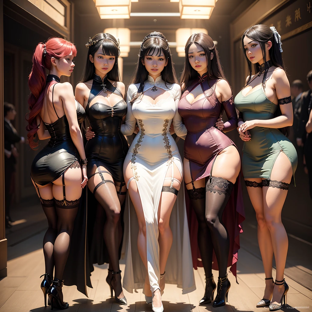 best quality, masterpiece, highres, 4 noble girls, lesbians, kissing, touching eachother, seducing, snapping, eighteen forbidden, asian style, hanfu, white and even teeth, irises, full body shot, shot from behind, chinese women's clothing, chinese traditional dress, long dress, wearing a nightgown thin lace deep slit chest, chinese underwear, stockings, wearing stockings, lace stockings, mesh stockings with hooks on underwear, garter belt, lace socks worn at the waist, high heels, high boots, high leather boots, corsait, turtleneck polo lace top, choker, leash, BDSM, chains, chained, long gloves, makeup, eyes with very sharp and detailed makeup, lipstick, very long hair, ponytail, hair ornaments, necklace, jewelry, crown jewelry, Pretty face, magic import style, tyndall effect, photo realistic, dark studio, border light, two tone light, (high detail skin: 1.2), 8k uhd, dslr , soft light, high quality, volumetric light, candid, Photo , high resolution, 4k, 8k, Bokeh, In the Dark: 1.6), surreal full body of women by David Hockney and Alphonse Mucha, fantasy art, photorealism, dynamic lighting, station art, posters, volumetric lighting, highly detailed faces , super 8k, Awarded, in the dark, deep shadow, low light, bust, luxury chambers bedroom background, Royal style family, Best face, Very round and tight breasts, Surreal, guweiz, (full body), (Background detail 1.8), moderately big butt,