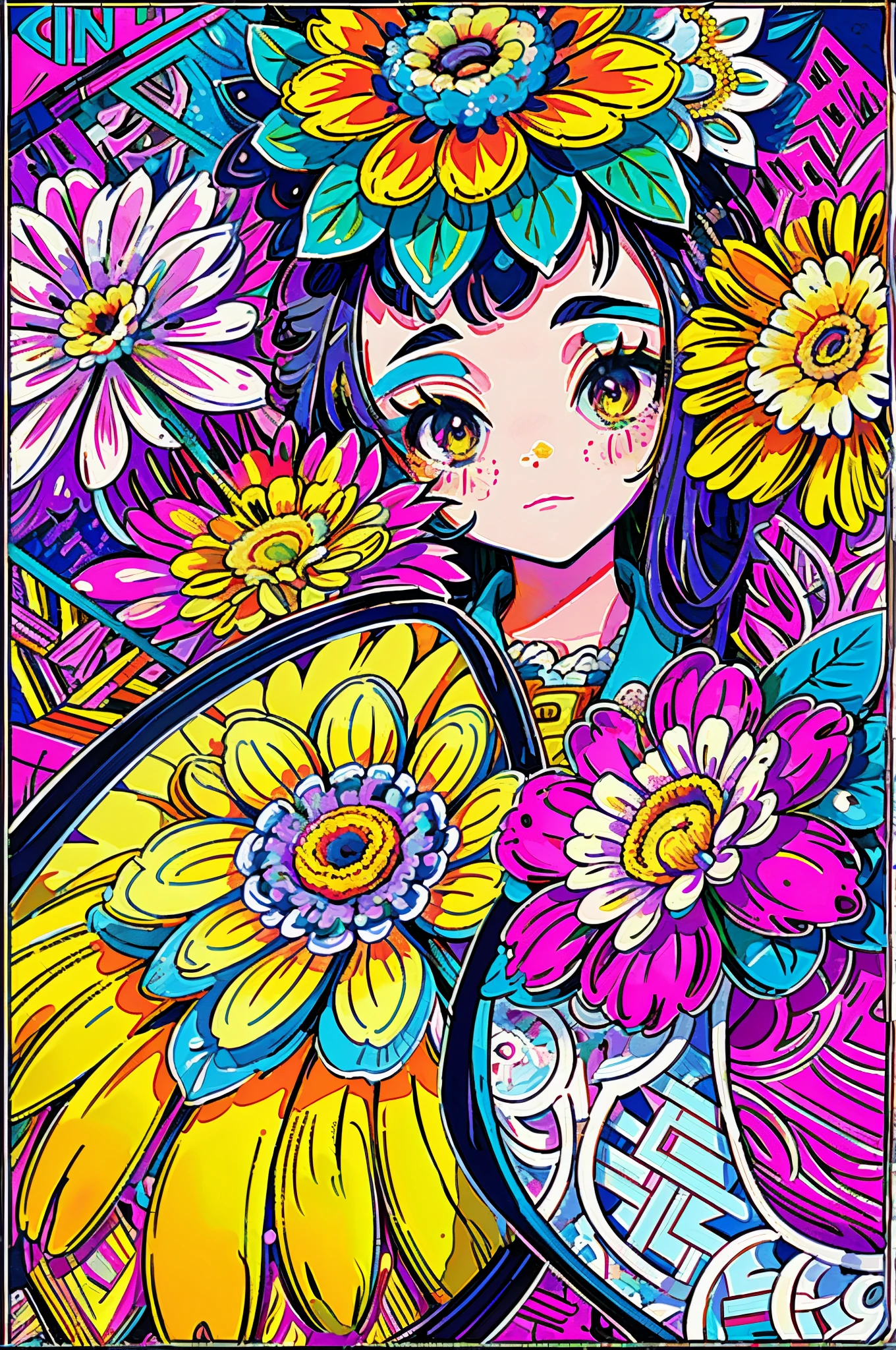 (ultra-detailed background, detailed background), absurdres, highres, ultra detailed, extremly detailed, 1girl, (bunch of flowers:1.3), (zentangle:1.2), (geometric:1.2),(colorful),