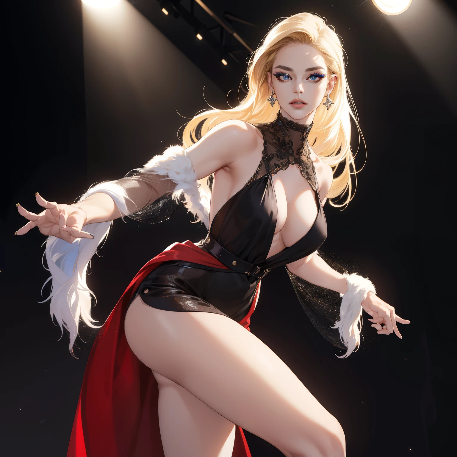 (best quality,4k,8k,highres,masterpiece:1.2),ultra-detailed,(realistic,photorealistic,photo-realistic:1.37),beautiful detailed eyes,beautiful detailed lips,extremely detailed eyes and face,long eyelashes,1 girl,model,fierce,defiant,famous model,blonde,model with confident eyes,striking blue eyes,magnificent hairstyle,breathtaking beauty,flawless skin,fashionable attire,stylish makeup,great posture,posing with attitude,photo shoot set,audience admiring,model under spotlight,dynamic lighting,high fashion vibes,vogue style,graceful movement,runway fashion show,glamorous background,jaw-dropping elegance,strikingly confident expression,captivating charm,piercing gaze,captured in a stunning pose,female model wearing couture,famous for her unique style,inspiration for aspiring models,graceful and bold presence,living legend of the modeling world,renowned across the globe,model known for her fierce and defiant personality