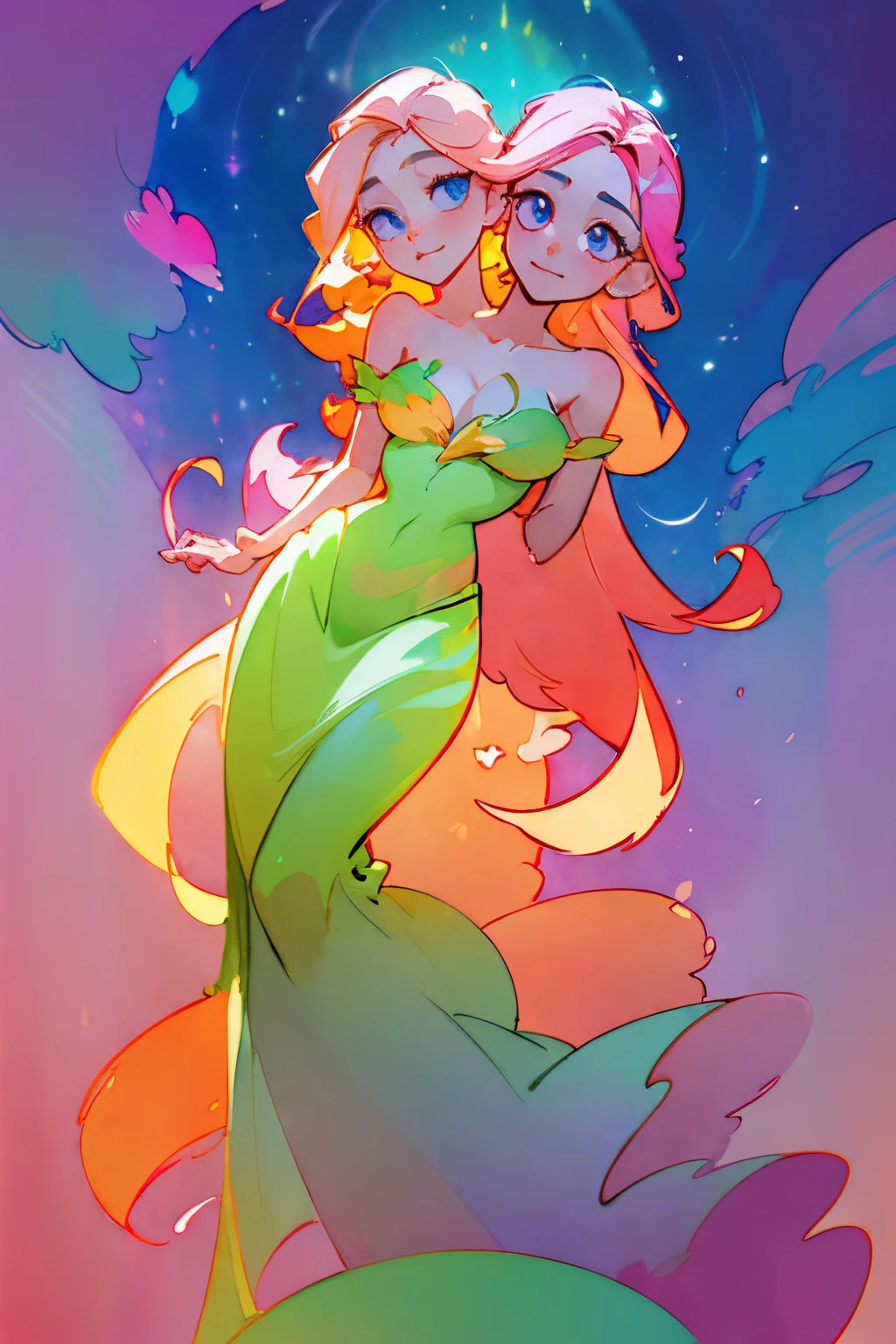 (masterpiece, best quality), best resolution, (2heads:1.5), 1girl, beautiful two-headed girl in ombre gradient dress, fairy dress, long golden pink hair, colorful watercolor background, watercolor illustration, inspired by Glen Keane, inspired by Lois van Baarle, disney art style, by Lois van Baarle, glowing aura around her, by Glen Keane, jen bartel, glowing lights! digital painting, flowing glowing hair, glowing flowing hair, beautiful digital illustration, fantasia otherworldly landscape plants flowers, beautiful, masterpiece, best quality, anime disney style