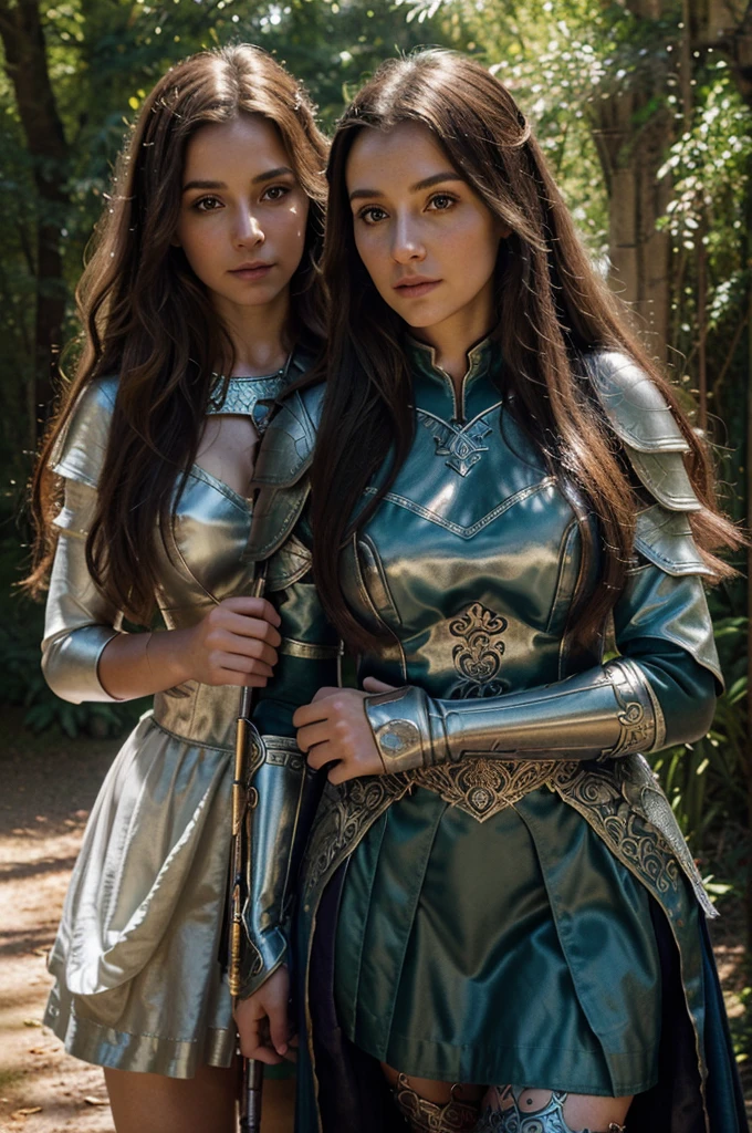 best quality,ultra-detailed,realistic,portrait,beautiful detailed eyes,beautiful detailed lips,long hair,fantasy armor,magic staff,enchanted forest background,ethereal glow,vivid colors,soft lighting,medieval setting,adventure,warrior,heroine,brave,strong,mythical creatures,fantastic world,cosplay,2girls