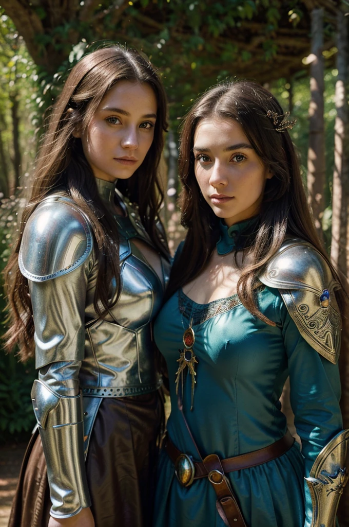 best quality,ultra-detailed,realistic,portrait,beautiful detailed eyes,beautiful detailed lips,long hair,fantasy armor,magic staff,enchanted forest background,ethereal glow,vivid colors,soft lighting,medieval setting,adventure,warrior,heroine,brave,strong,mythical creatures,fantastic world,cosplay,2girls