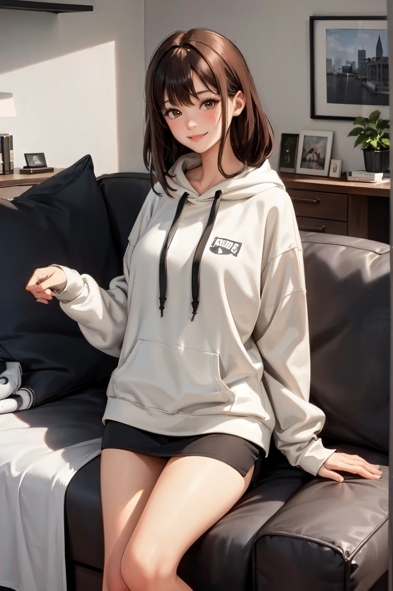 1girl, white skin, asian, young, long hair, thick eyebrows, freckles on skin, eyes with heterochomia, hoody, shorts, stockings, well built, small waist, widest thighs, wide thigh gap, one hip forward, in coffee shop, shot from below, 8k, photorealistic