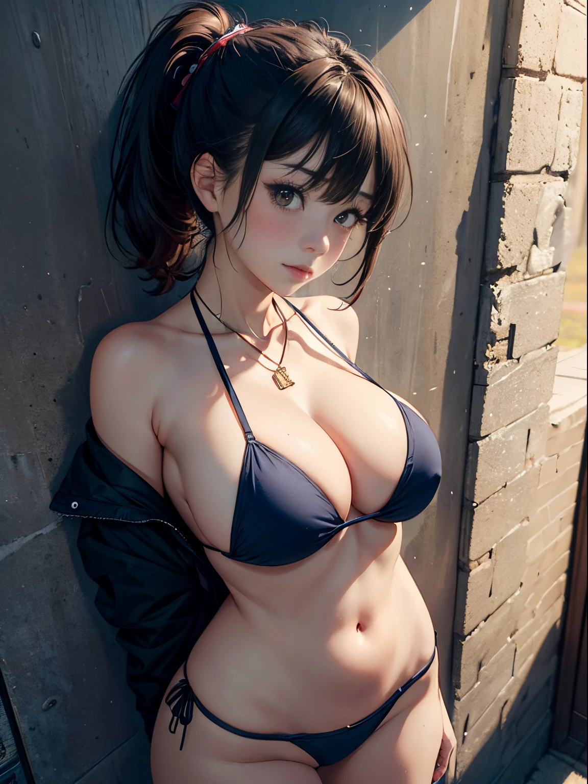 20 years girl、(masterpiece:1.4)、(in 8K、realisitic、Raw photo、top-quality:1.4)、(Real Face:1.4)、(real looking skin:1.3)、超A high resolution、A hyper-realistic、Brown eyes、high detailing、Cute face、耳环、A dark-haired、Small ponytail、a necklace、Dark blue bikini、(huge-breasted:1.5)、Blushing、Embarrassed look、Standing against the wall