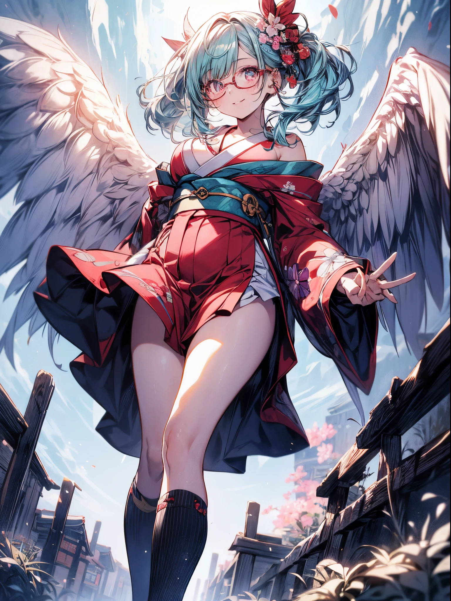 Absurdres,best quality,insanely detailed,1 cute lovely girl,cute smile,peace,short drilled twin tail,aqua hair,pink eyes,(round glasses:1.2),(Japanese clothes,kimono :1.2),thighs ,striped over-knee high,cleavage,(off shoulders :1.2),ancient Japanese town,(from below:1.2),sparkly eyes,beautiful and detailed eyes,gleaming pale skin,cute pose,professional lighting,cinematic angel,brilliant theme,hyper realistic, perfect anatomy, perfect 5 fingers