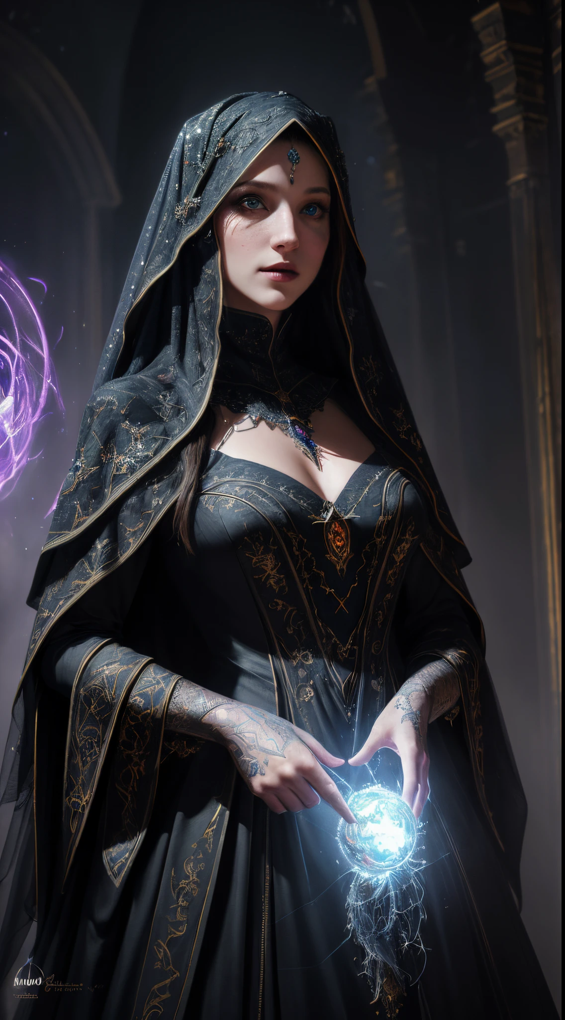 (best quality, highres, masterpiece:1.2),ultra-detailed,realistic, HDR, studio lighting, Talos self media avatar, witch wearing a veil, mystical feel, releasing energy, comfortable, bright colors, vivid colors, bokeh, portraits, concept artists