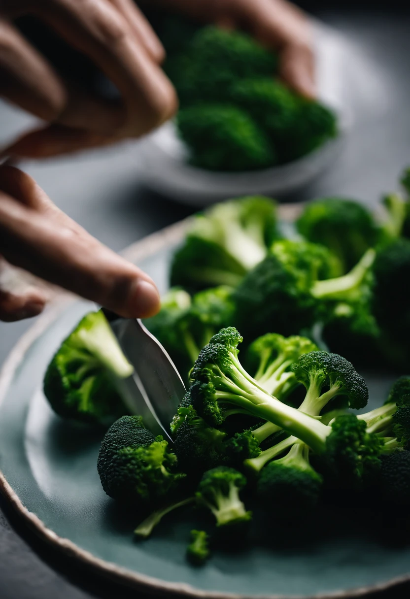 A close-up shot of a person’s hand holding a knife, slicing through a fresh broccoli stalk, with the vibrant green color and crisp texture of the vegetable on display, creating a visually dynamic and culinary scene.