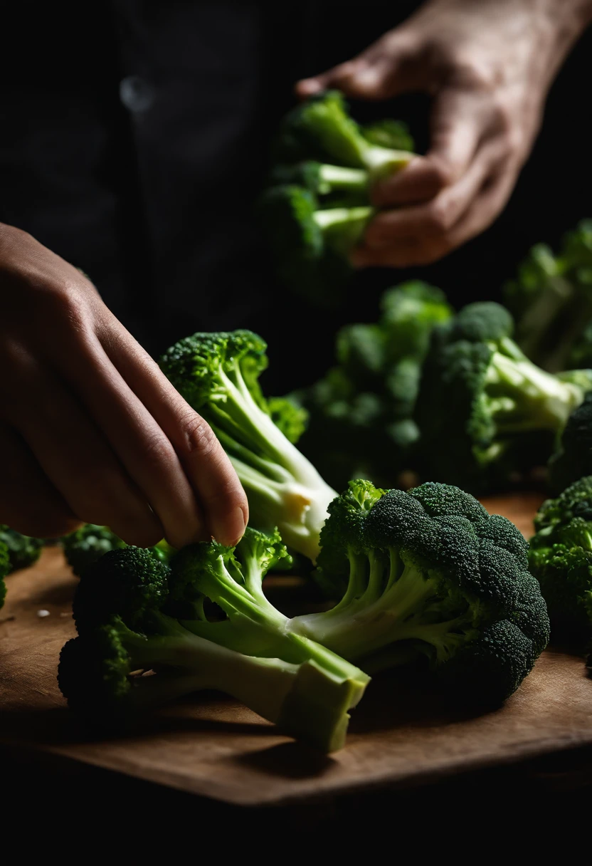 A close-up shot of a person’s hand holding a knife, slicing through a fresh broccoli stalk, with the vibrant green color and crisp texture of the vegetable on display, creating a visually dynamic and culinary scene.