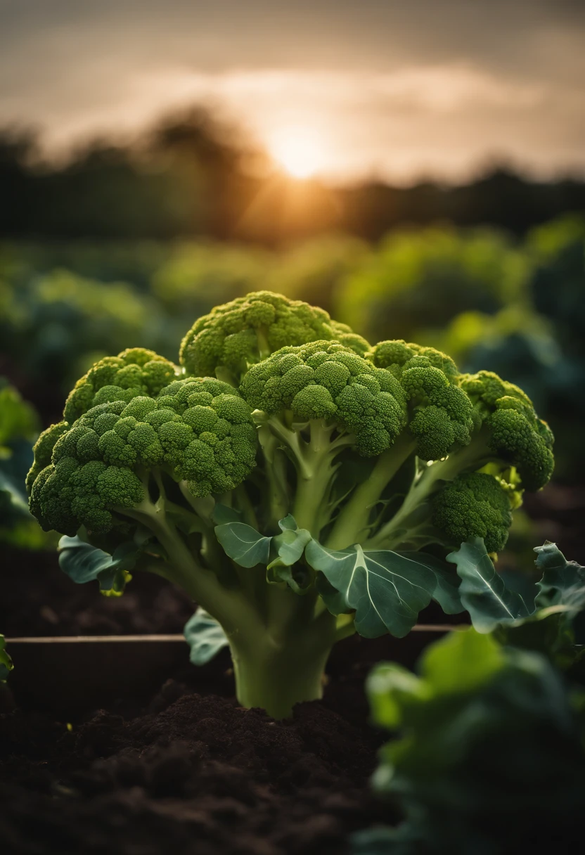 A high-resolution image of a broccoli plant in a vegetable garden, with the sun casting a soft glow on the leaves, capturing the natural growth and abundance of this nutrient-rich vegetable.