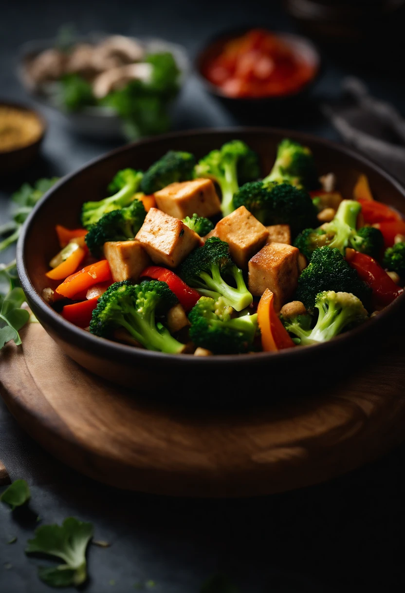 A visually pleasing composition of a colorful stir-fry dish, with broccoli florets mixed with other vegetables and tofu, creating a visually balanced and appetizing scene.