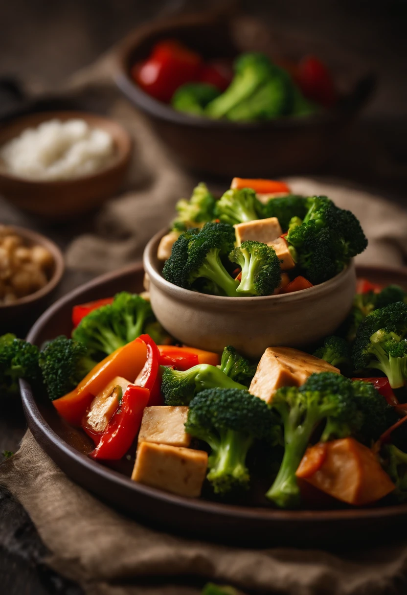 A visually pleasing composition of a colorful stir-fry dish, with broccoli florets mixed with other vegetables and tofu, creating a visually balanced and appetizing scene.