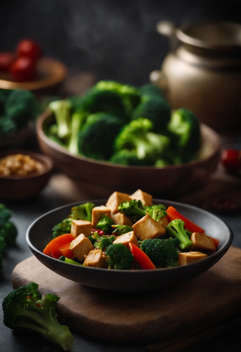 A visually pleasing composition of a colorful stir-fry dish, with broccoli florets mixed with other vegetables and tofu, creating a visually balanced and appetizing scene.