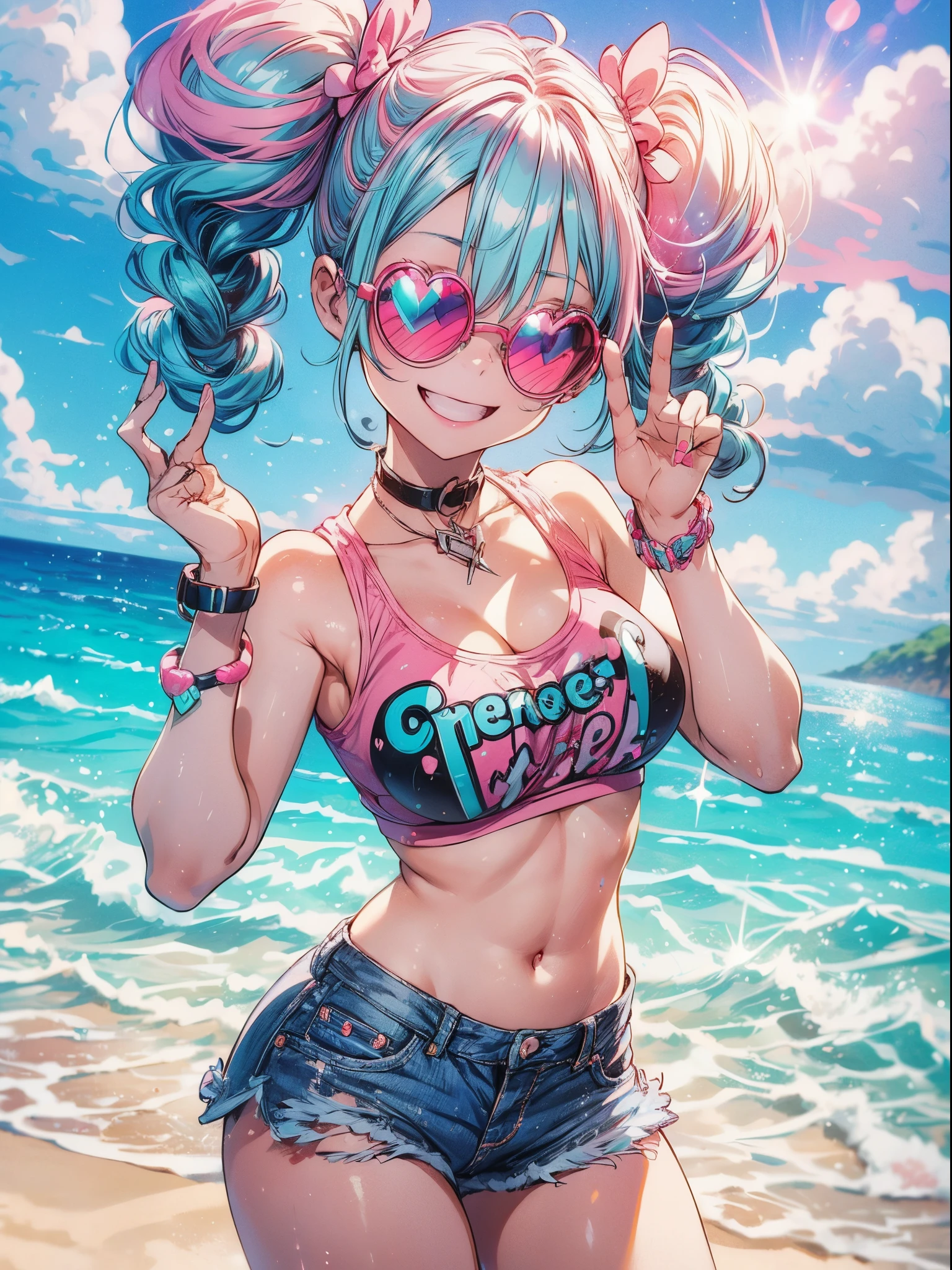 american pop theme ,Vibrant colors,1 cute lovely girl,Cute smile,Peace,(short drill twin tails:1.2),(aqua hair,Pink eyes:1.2),(Round sunglasses,Pink Lens :1.2),(Smile while winking :1.2),croptop,large boob,cleavage,Navel ,Stomach,Denim Micro Hot Pants,knee height above stripes,sparkly eyes,Beautiful and detailed eyes,glowing pale skin,(Cute Pose :1.2),Splash,Summer lighting,Cinematic Angel,(,Hyper realistic, Perfect Anatomy, Perfect five fingers