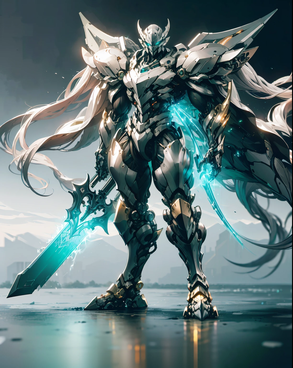 ultra wide shot, full body shot, (masterpiece, best quality), A paladin holding a light infused sword, light magic, divine, magewave, silver and gold, 4k, dark cityscape, Fujifilm, Beautiful detail background, Ultra detailed, Great composition, movie lights