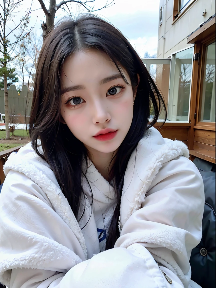 (Best Quality, 4k, 8K, high resolucion, Masterpiece:1.2), Ultra-detailed, (realisitic, Photorealistic, Realistis:1.37), Korean Woman, 20 years old, wintery, Winter padding,Wear ugg boots, a delicate face, long eyeslashes, Blue Eyes, Detailed nose, Detailed lips, Fair skin, Long hair