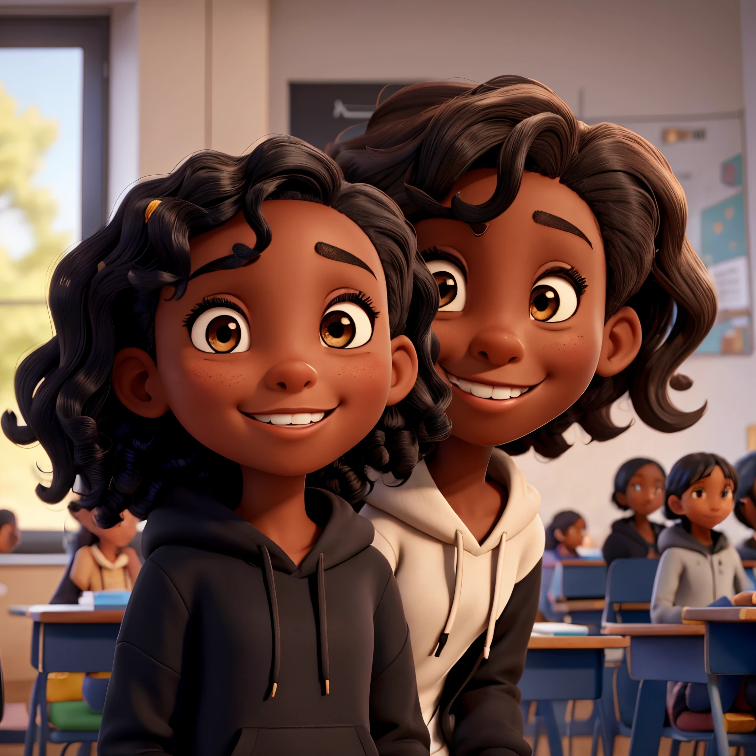 Beautiful black girl with almond shaped brown eyes and black wavy long girl, smiling with gap teeth, wearing a black hoodie, in a classroom setting, beautiful, good anatomy, good dentition