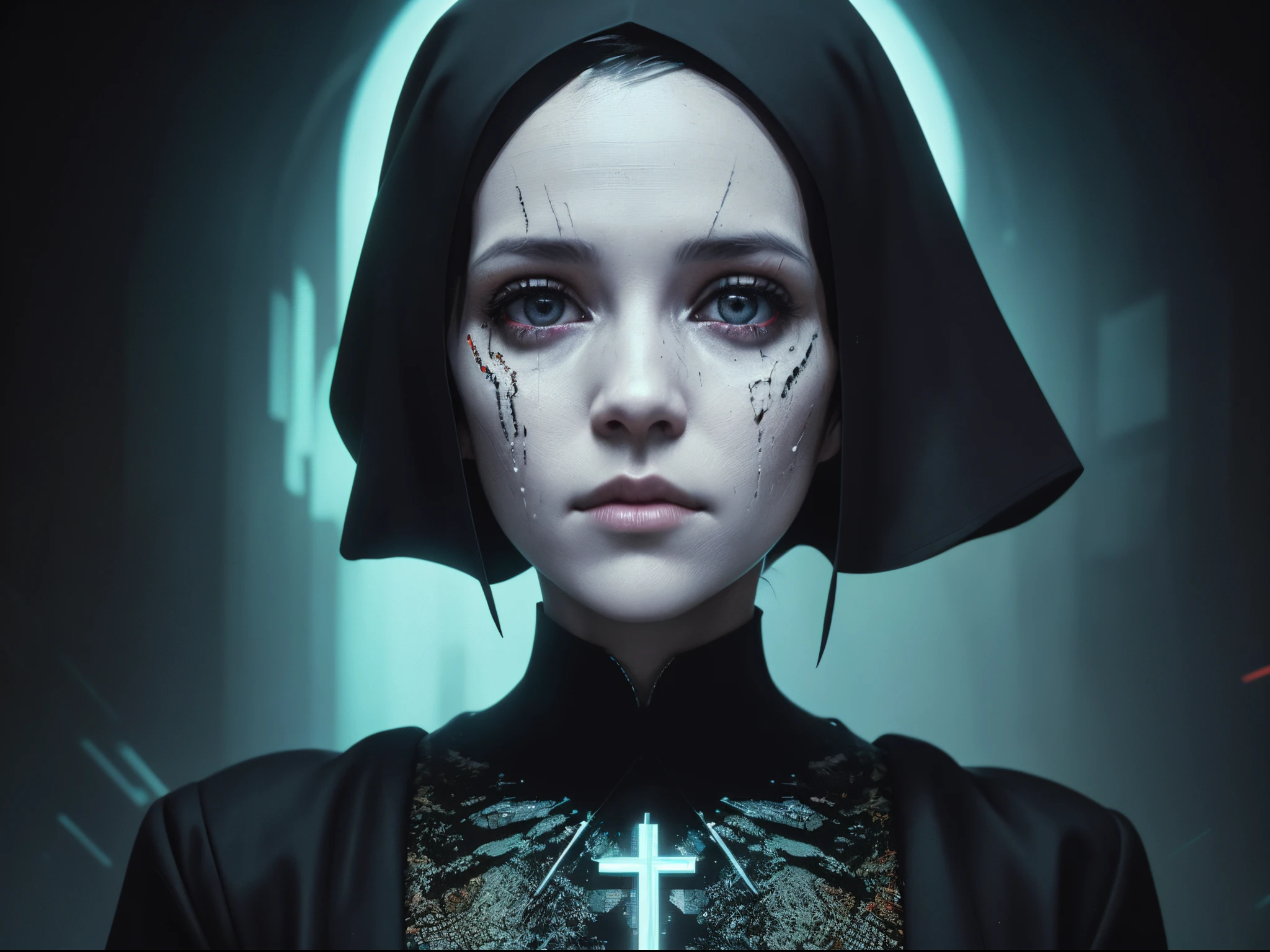 Create a captivating double exposure image that seamlessly merges the Portra 400 high DPI film scan of a skull nun, seemingly marred by the burden of religion. The composition should incorporate elements of datamoshing and matrix-like distortion, with the nun's face morphing into a glitched, pixelated visage. The overall aesthetic should feature gradient glitches, ornate details, and a vintage TV error effect, reminiscent of classic cinematic lighting.Utilize a sci-fi, post-industrial art approach, infusing the image with a mix of square and sharp cubic/rectangular details. The correct figures within the image should be distorted by a glitchy effect, embracing the essence of glitch art and glitchcore. Capture the scene with a cinematic camera focus akin to Ridley Scott's movies, evoking a sense of eerie beauty within the chaos.