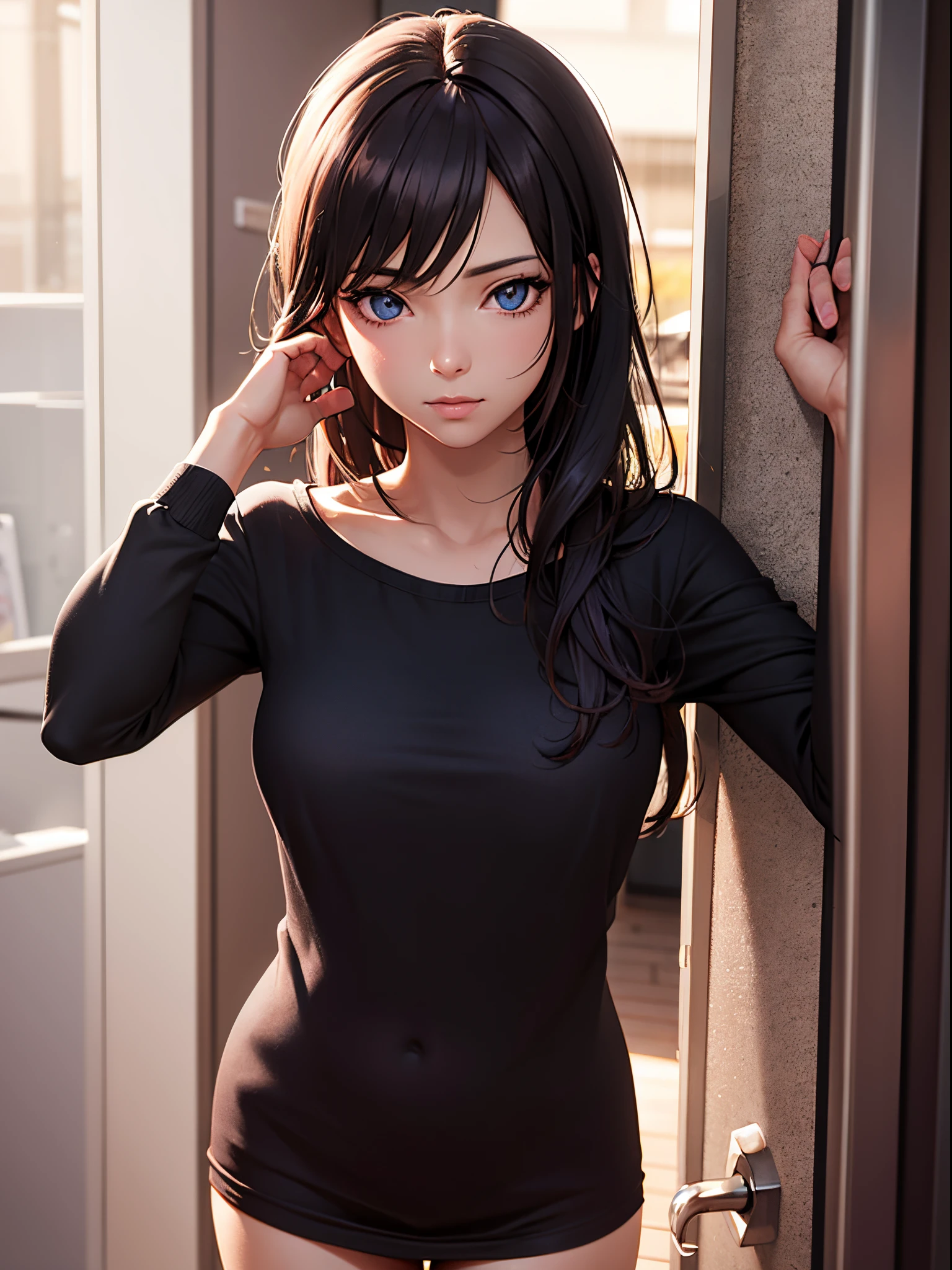 A woman leaning against the door posing for a photo, The head is not exposed，Wearing half-sleeved upper body，[ 4K realism ]!!, [ 4K realism ]!!!, [ 4K digital art ]!!, Realistic shadow perfect body, realisticlying!!!!!!! art-style, photorealistic anime, by Shitao, Popular topics on cgstation, Casual pose, realistic anime 3D style