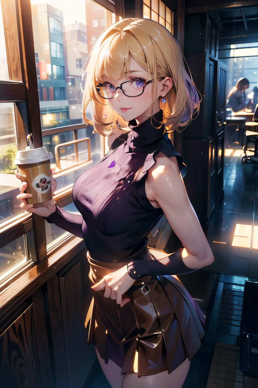 a 20 yo woman、Brown hair、Bery short hair、Big smile、Purple long dress(hi-top fade:1.3)、dark themed、Muted Tones、Subdued Color、highly contrast、(natural skin textures、Hyper-Realism、Soft light、sharp)、(masterpiece:1.3), high resolution, ultra detailed, extremely detailed CG unity 8k wallpaper, realistic, photo-realistic, RAW photo, beautiful detailed face, pale skin, realistic glistening skin, detailed cloth texture, detailed hair texture, Perfect body, Beautiful Face, accurate, Anatomically correct, Highly detailed face and skin texture, natural neck length, (beautiful hands), (fair skin:1.2), Thin legs, Thin feet, 
BREAK, 
Detailed eyes, symmetric eyes, Light Brown eyes, Double eyelids, Thin eyebrows, (Glossy lips:1.4), (gently smile:1.2), 
BREAK, 
(nsfw:1.1), (A Classy and Cute girl:1.3), (1 girl, one girl), ((wearing a Violet sleeveless turtleneck sweater:1.3)), (White pleated mini skirt), (long boots), (wearing glasses:1.1), 
(medium large breasts, firm abs), (slender figure firm breasts:1.2), beautiful clavicle, 
(blonde hair, wavy hair, long hair:1.2), ((asymmetrical bangs:1.2)), 
BREAK, 
((Standing by the window with holding a coffee:1.2)), (from side:1.1), (looking sideway at viewer:1.2), ((Focus on face:1.2)),
((In the modern office at Japan at morning:1.2)), (Cowboy shot:1.2),