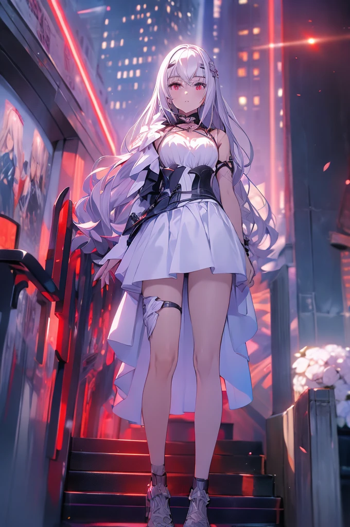 White-haired woman,Aura around,Beautiful red eyes,White gauze dress, thin, Purple cloth covers all vital organs except the face................., Wear a knee-length white dress..................,The arm does not reach the top of the hip..................,The arms are small................, But the ligaments are very large..................,Soft hands,at night,moon,turned sideways,Red eyes,flower garden