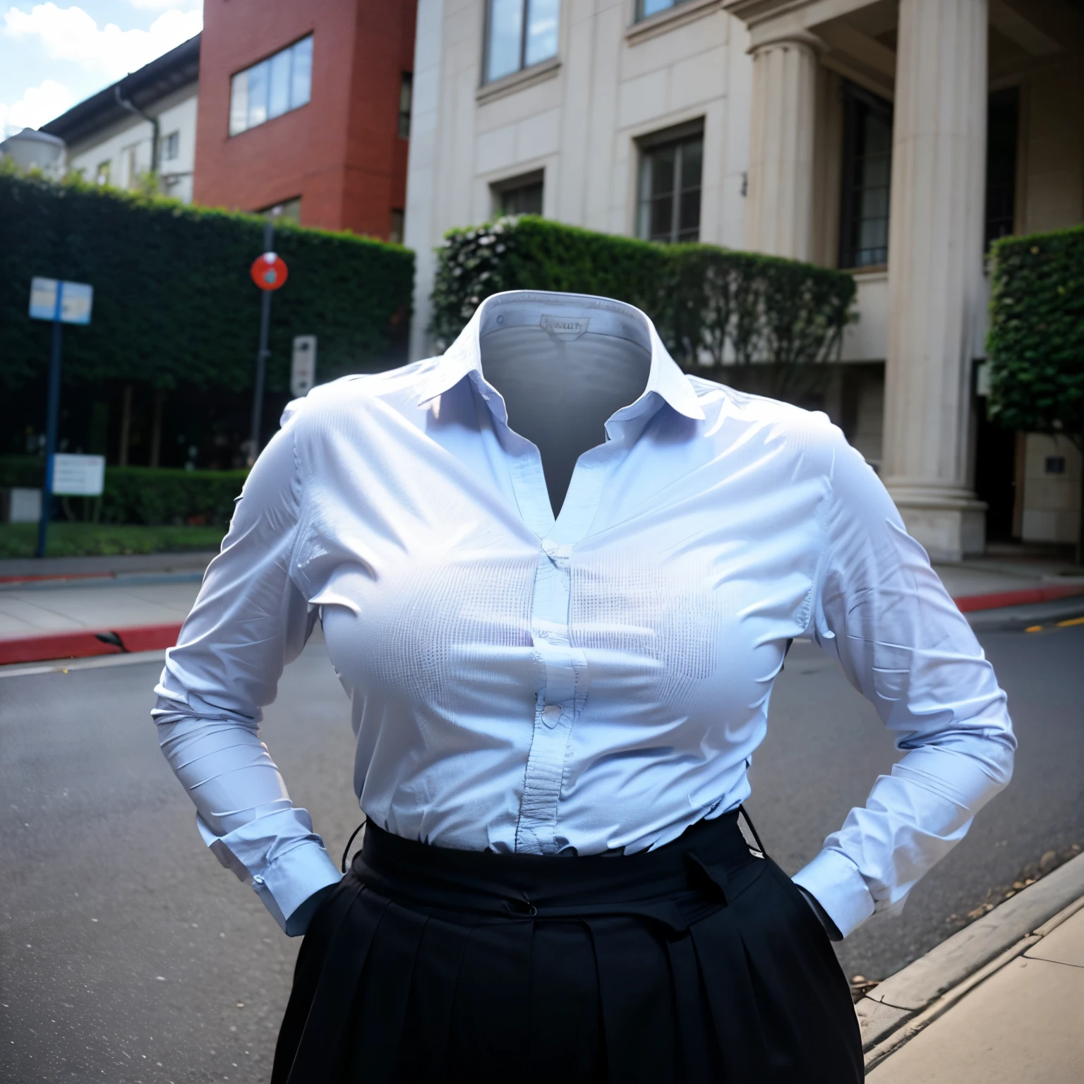 nsfw, (chubby, fat), school uniform, school tie, going home from school, (naked above the waist, stripped to the waist, shirtless), (invisible upper body), (Seductive pose, cute pose), (invisible:1.5, no humans:1.5, headless:1.5, faceless:1.5), (cute big breasts), (8k, RAW photo, best quality, masterpiece:1.2), (realistic, photo-realistic:1.37), photon mapping, radiosity, ((Hasselblad photography)), physically-based rendering