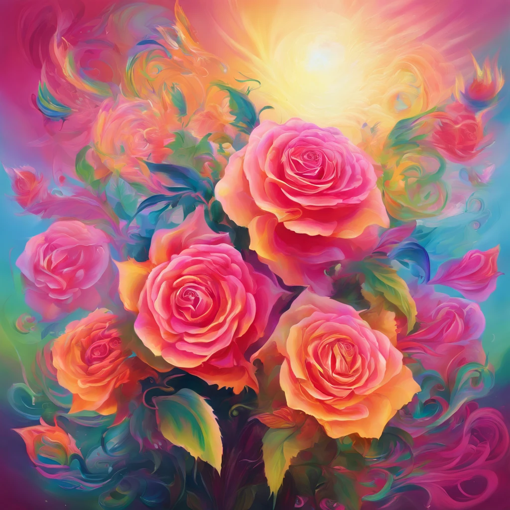 brightly colored roses,With starburst background, Alexander Sharp Ross (Alexander Sharpe Ross) of airbrush painting, Hot topics on artstation, trippy art, rainbow gradient bloom, made entirely from gradients, Melancholy rose soft light, vibrant digital painting, Colorful digital painting, Chuanghui Digital Fantasy Art, airbrush digital art, Vibrant fan art, colorful surrealism, digital airbrush painting