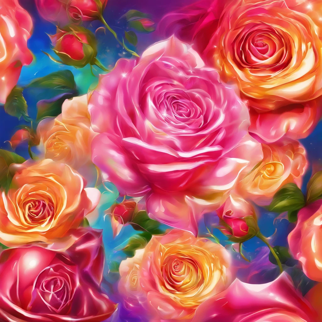 brightly colored roses，With starburst background, rainbow gradient bloom, made entirely from gradients, Melancholy rose soft light, vibrant digital painting, Colorful digital painting, Chuanghui Digital Fantasy Art, airbrush digital art, Vibrant fan art, digital airbrush painting, colorful surrealism, ✏️🎨, Artwork by Alessandro Portasso, highly detailed digital painting