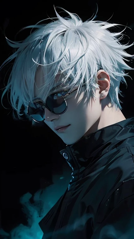 1man, gojo satoru in anime jujutsu kaisen, short hair , white hair, blue eyes,black round glasses, beautiful eyes, handsome, smile, black clothes, realistic clothes, detail clothes, city background, ultra detail, realistic