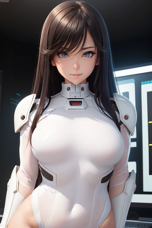 (upper-body), (Realistic, [the anime]), (..3d:0.3), dramatic  lighting, ((Masterpiece)),(Quality),(hight resolution), High Lady Voidstar, [[Coated ABS]], ((X-ray power armor|Lined bodysuit|White Power Armor) mechanical arms), Long black hair cut, [Evil smile], small breasts, covered navel, eye liner, Lashes, a perfect face, beautiful nose, detailed pupil, Beautiful eyes, 詳細な目, Brown eyes, Perfect lips, A-pose on the monitor, Simple background, [Boku no hero academia], (Move:1) ,