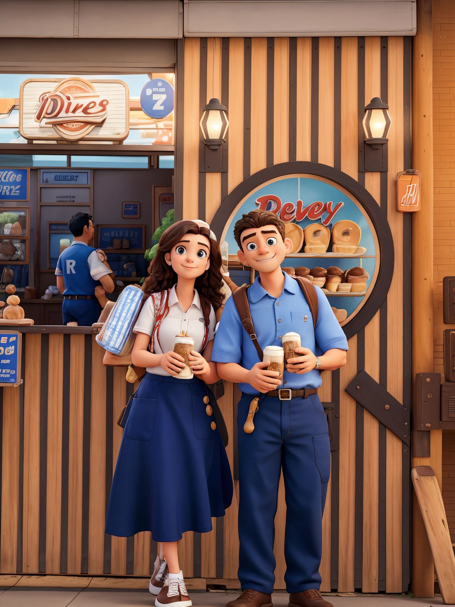 there are couple standing next to each other in front of a restaurant, wearing rr diner uniform, medium shot of two characters, official store photo, photoshot, promotional still, advertising photo, shot on sony a 7 iii, shot on nikon z9, with two characters, promotional images, promotional art, milk and mocha style, promotional render, kawaai