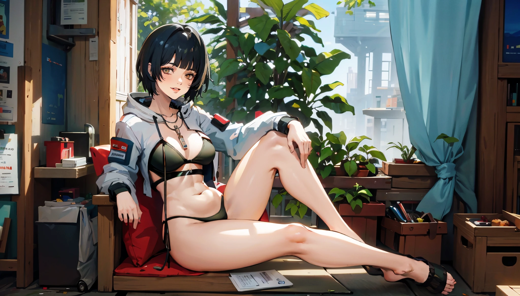 anatomically correct, best quality, masterpiece, high quality, high details, highres, HD, (shaded face:1.2), hollow eyes, blue eyes, looking at viewer, heavy breathing, smirk, uppert teeth, black hair, short hair, necklace, cropped hoodie, black bikini, long sleeves, navel, 1girl, solo, breasts, sitting, looking_at_viewer, cleavage, large_breasts, pants, midriff, plant