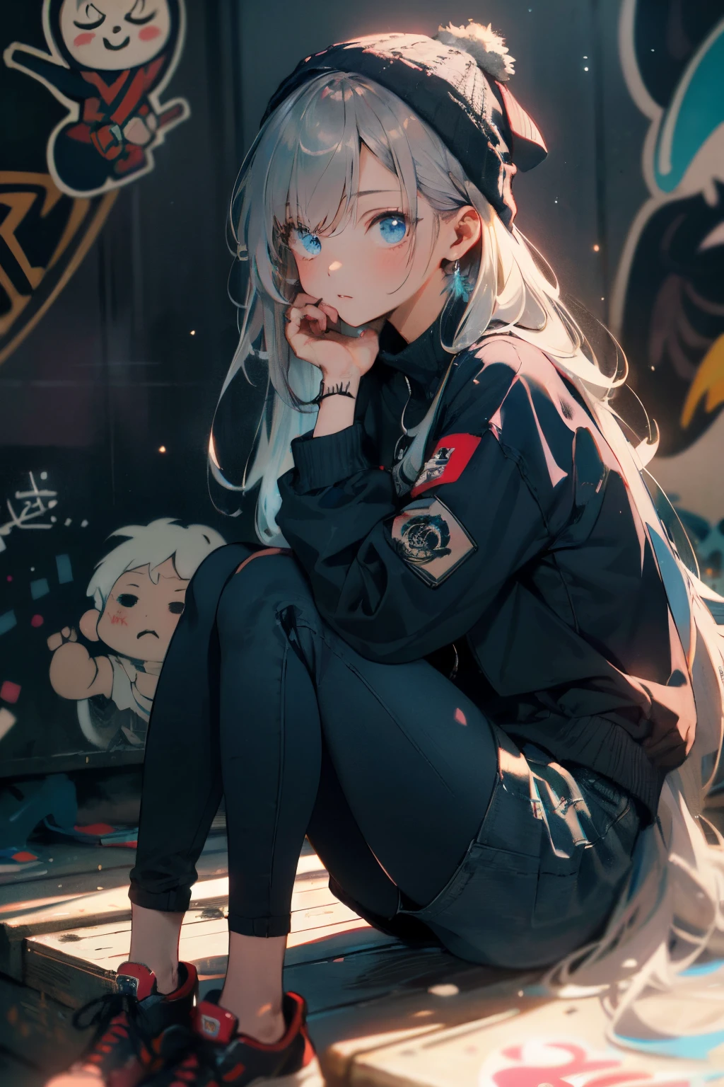 make realistic,(nmasterpiece,top Quority,best qualtiy,offcial art),ighly detailed,Colorful,best detailed,fairy chalet,Broad background,Kamimei,length hair,cabelos preto e longos,Beautiful woman、(masterpiece:1.2、top-quality)、(graffiti wall:1.2)、1lady、Beanie、jaket、leggins、blue eyess、full body Esbian、abstract colours、textured、film grains、skin pore、dusty atmospheric haze、vignetted、wrinkled:0.2 Complex Hasselblad DSLR RAW Full Body Dramatic Portrait Photography Long(windblown)One of the Beautiful Girls.2 Hair in a sundress、(SF Solarpunk)1 sitting on a shelf overlooking.2 City skyline、Hanging legs、foggy morning、(in backlight)1.2、(film grains)1.2、coastal atolls