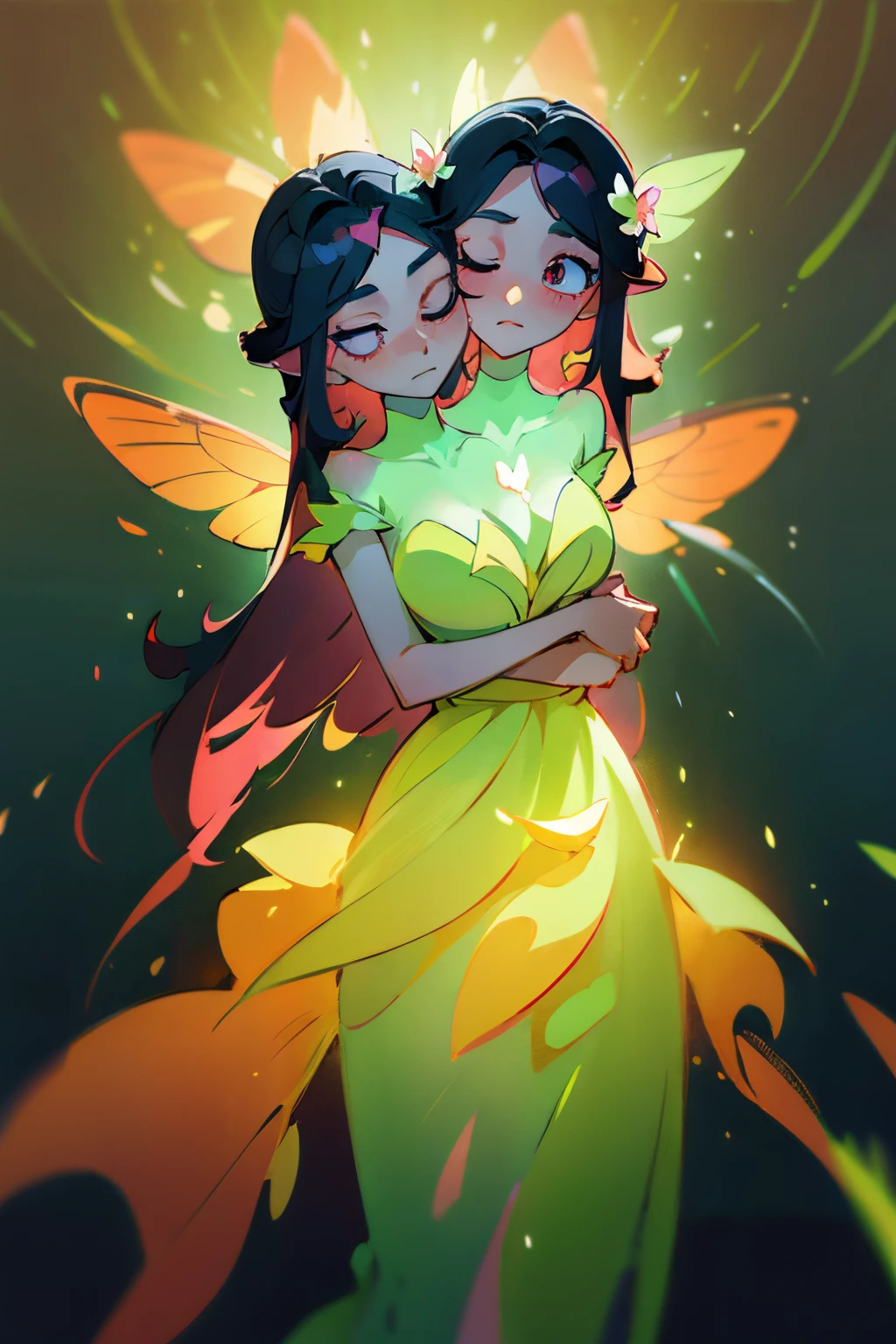 (masterpiece, best quality), best resolution, (2heads:1.5), 1girl, beautiful two-headed woman in ombre gradient dress, large fairy wings, long black hair, anime art style, glowing aura around her, glowing lights! digital painting, flowing glowing hair, glowing flowing hair, beautiful digital illustration, otherworldly landscape plants flowers, beautiful, masterpiece, best quality, anime style, butterflies