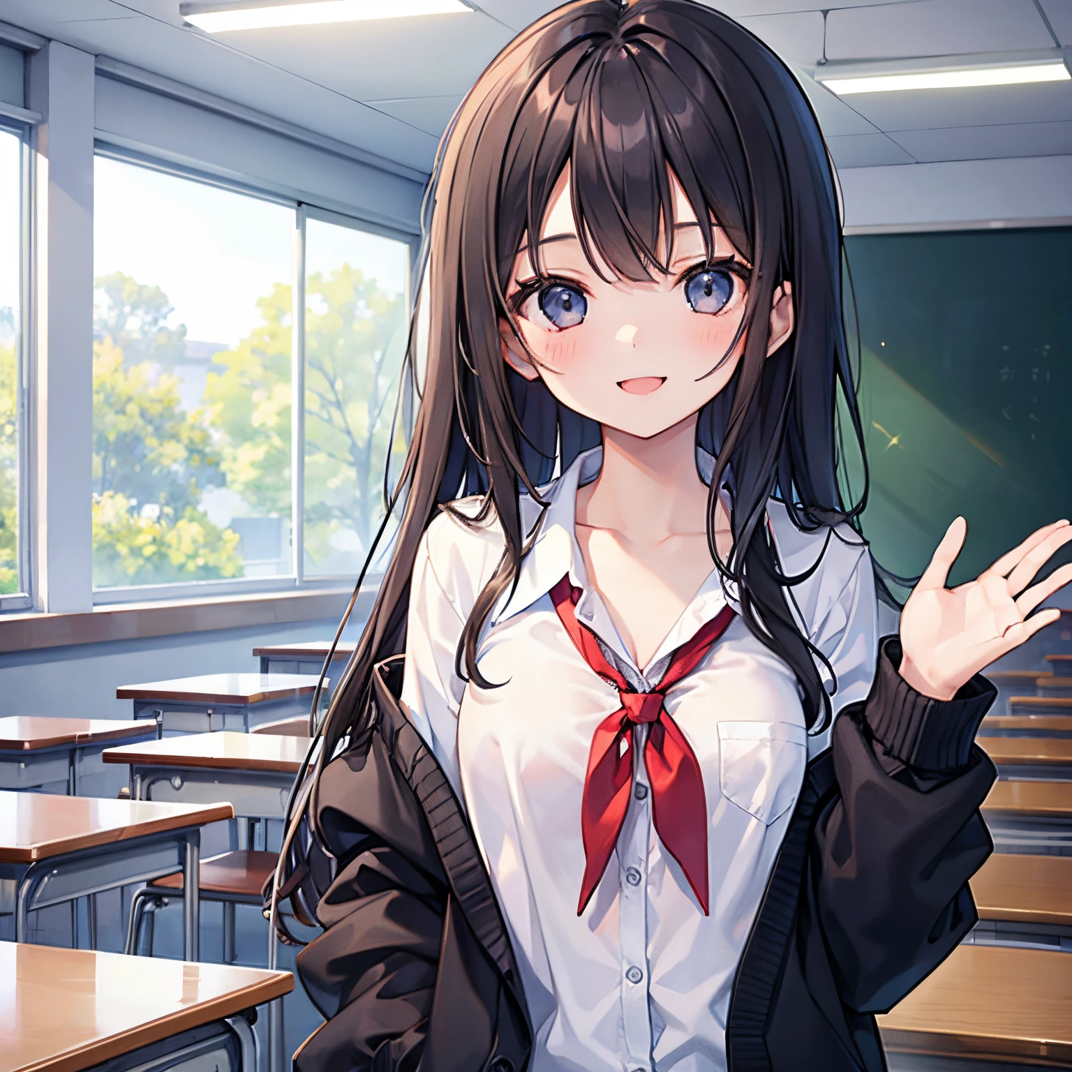 girl with、1 persons、18year old、Dark hair、Black eyes、length hair、A smile、huge smile、Smaller chest、Schools、Cardigan、Classroom、raise one hand in greeting