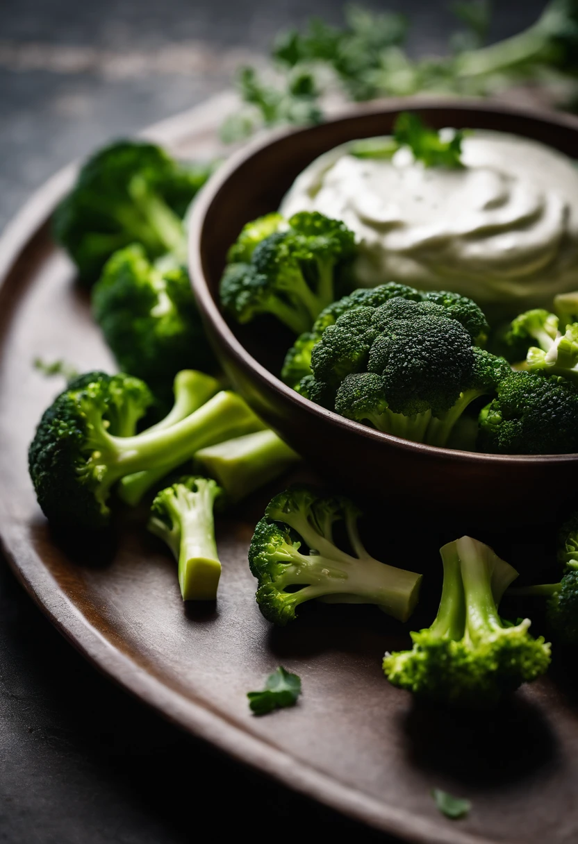 A close-up shot of a plate of raw broccoli florets, with a small dish of creamy dip beside them, showcasing the versatility of broccoli as a tasty and nutritious snack, creating a visually interactive and tempting display.