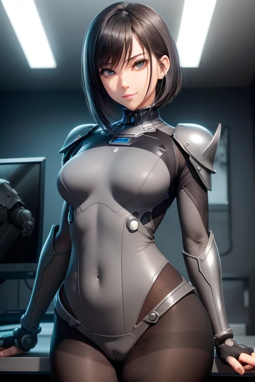 (upper-body), (Realistic, [the anime]), (..3d:0.3), dramatic  lighting, ((Masterpiece)),(Quality),(hight resolution), High Lady Voidstar, [[Coated ABS]], ((X-ray power armor|Lined bodysuit|gray power armor) mechanical arms), short luscious black hair cut, [Evil smile], small breasts, covered navel, eye liner, Lashes, a perfect face, beautiful nose, detailed pupil, Beautiful eyes, 詳細な目, Brown eyes, Perfect lips, A-pose on the monitor, Simple background, [Boku no hero academia], (Move:1) ,