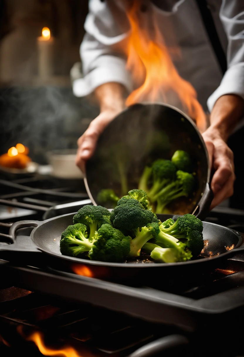 A high-resolution image of a chef’s hand tossing broccoli florets in a hot skillet, with flames dancing around the pan, capturing the excitement and skill involved in cooking with this versatile vegetable