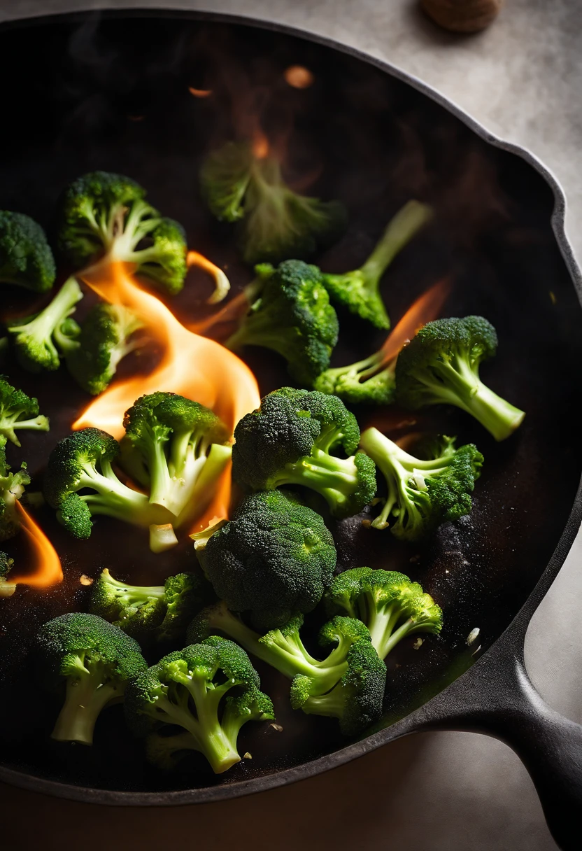 A high-resolution image of a chef’s hand tossing broccoli florets in a hot skillet, with flames dancing around the pan, capturing the excitement and skill involved in cooking with this versatile vegetable
