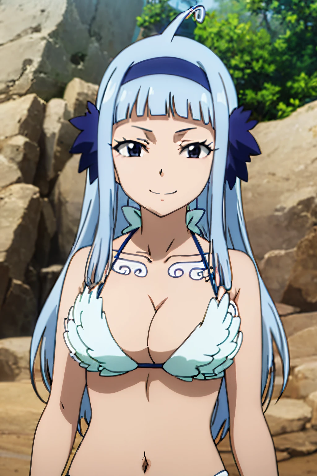 FAIRY TAIL ANGEL, LONG HAIR, BANGS, BLUE HAIR, HAIRBAND, BLUE HAIRBAND, AHOGE, NAVEL, CLEAVAGE, JEWELRY, SWIMSUIT, BIKINI, WINGS, TATTOO, WHITE BIKINI, FEATHERS, 1girl, solo, facing viewer, looking at viewer, upper body, smile,