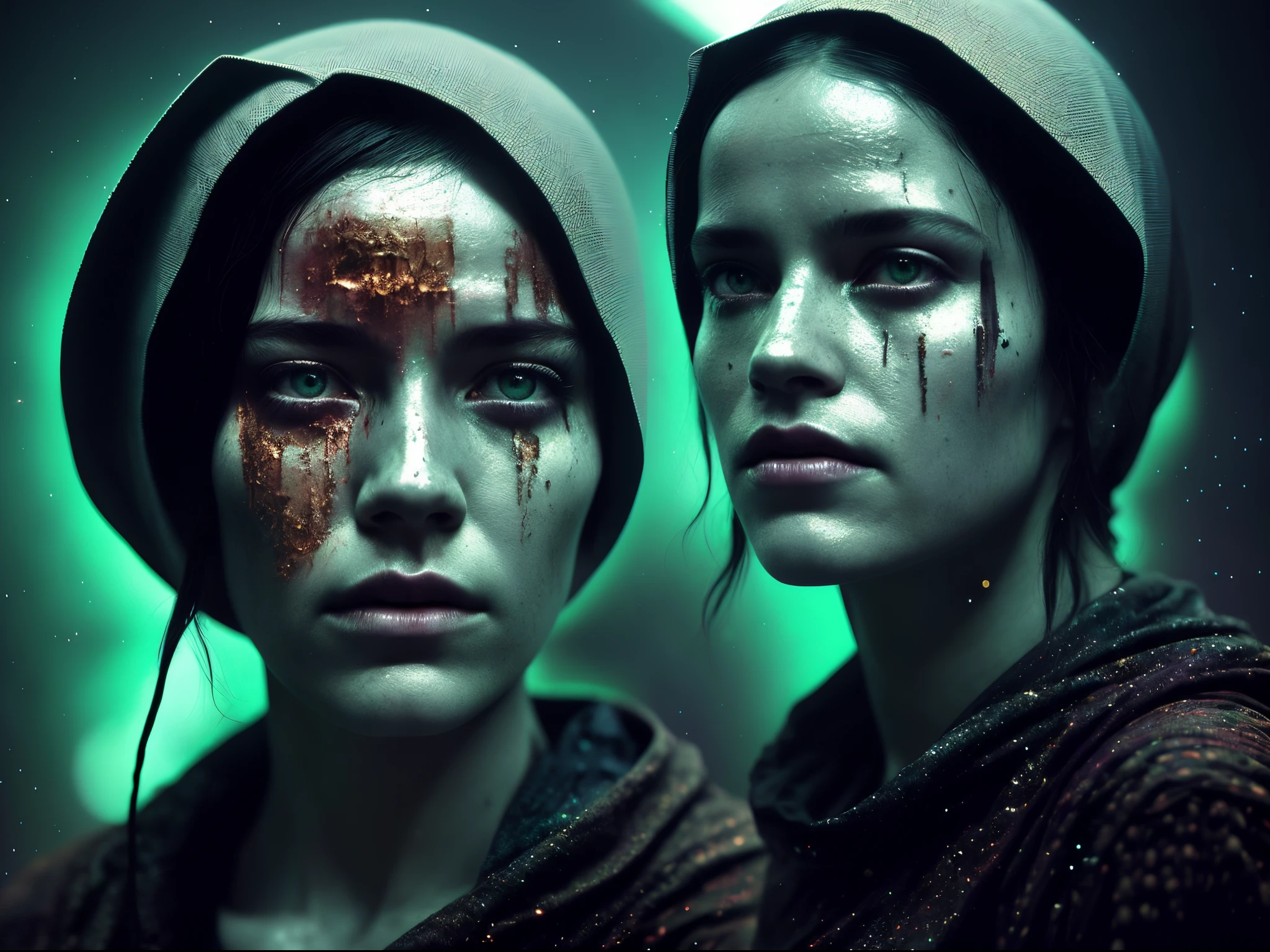 Create a captivating double exposure image that seamlessly merges the Portra 400 high DPI film scan of a skull nun, seemingly marred by the burden of religion. The composition should incorporate elements of datamoshing and matrix-like distortion, with the nun's face morphing into a glitched, pixelated visage. The overall aesthetic should feature gradient glitches, ornate details, and a vintage TV error effect, reminiscent of classic cinematic lighting.Utilize a sci-fi, post-industrial art approach, infusing the image with a mix of square and sharp cubic/rectangular details. The correct figures within the image should be distorted by a glitchy effect, embracing the essence of glitch art and glitchcore. Capture the scene with a cinematic camera focus akin to Ridley Scott's movies, evoking a sense of eerie beauty within the chaos.
