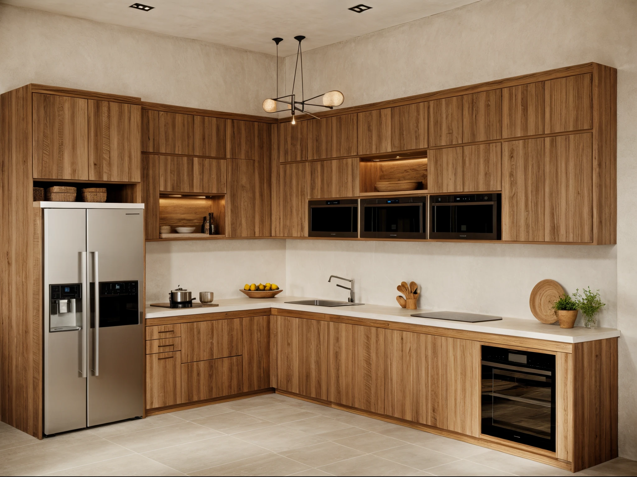 wabi-sabi kitchen interior, rough-hewn material, exposured wood, stucco wall, tiled floor, refrigerator, cozy lighting