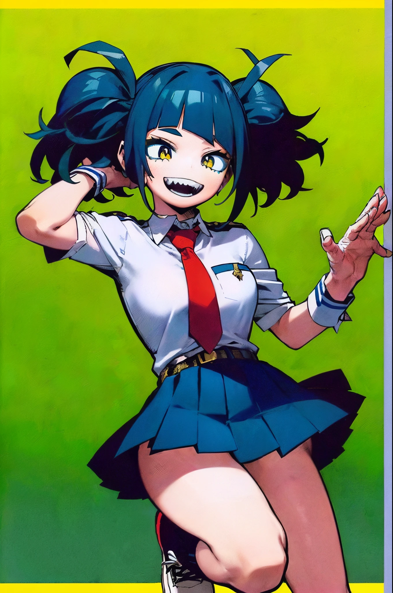 masterpiece, best quality, High quality, ultra detailed, 1girl, solo, full body, (((blue hair))), ((Medium short hair)), ((messy Hair)), (Short hair), (((Unkempt hair))), ((big sized short twin tails)), ((diagonal bangs, blunt bangs, slant bangs, straight bangs)), ((Yellow eyes, yellow color contact lens, slant eyes)), ((thick eyebrows)), (((open mouth, smile, fangs, sharp teeth))), ((wears the regular U.A. uniform for female students. she wears a white dress shirt, a red necktie with a small, golden button, and a teal pleated skirt. She also wears yellow sneakers and white loose socks.)), spike choker, huge breasts, lots of earrings, tattoos, slim legs, standing, pow pose, looking at viewer, yellow and black and blue background