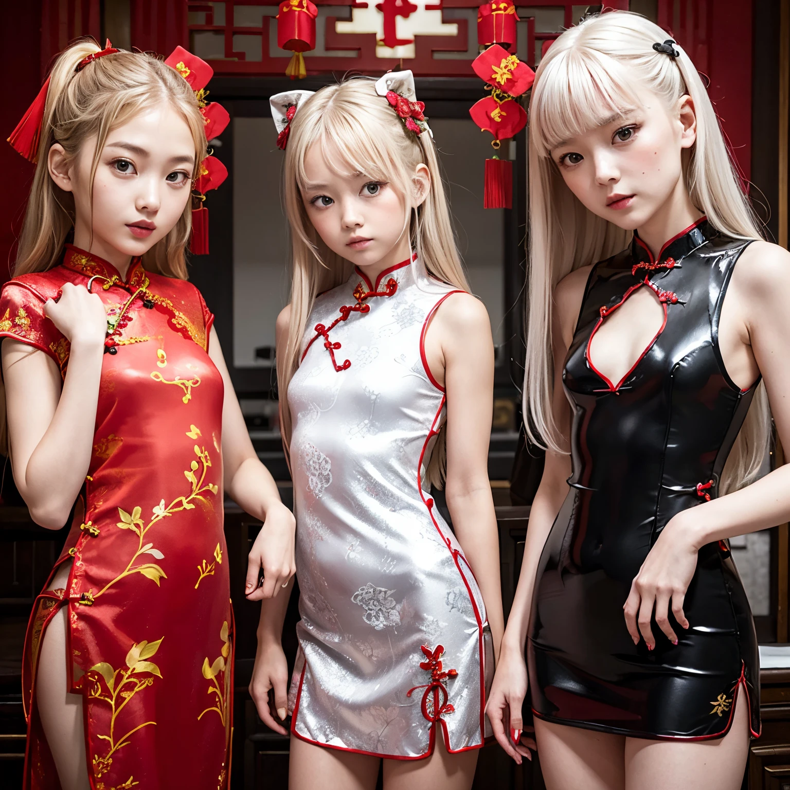 high-level image quality、(((Red cheongsam)))、(((Scandinavian beautiful girl li)))、silber hair、(((flat chest)))