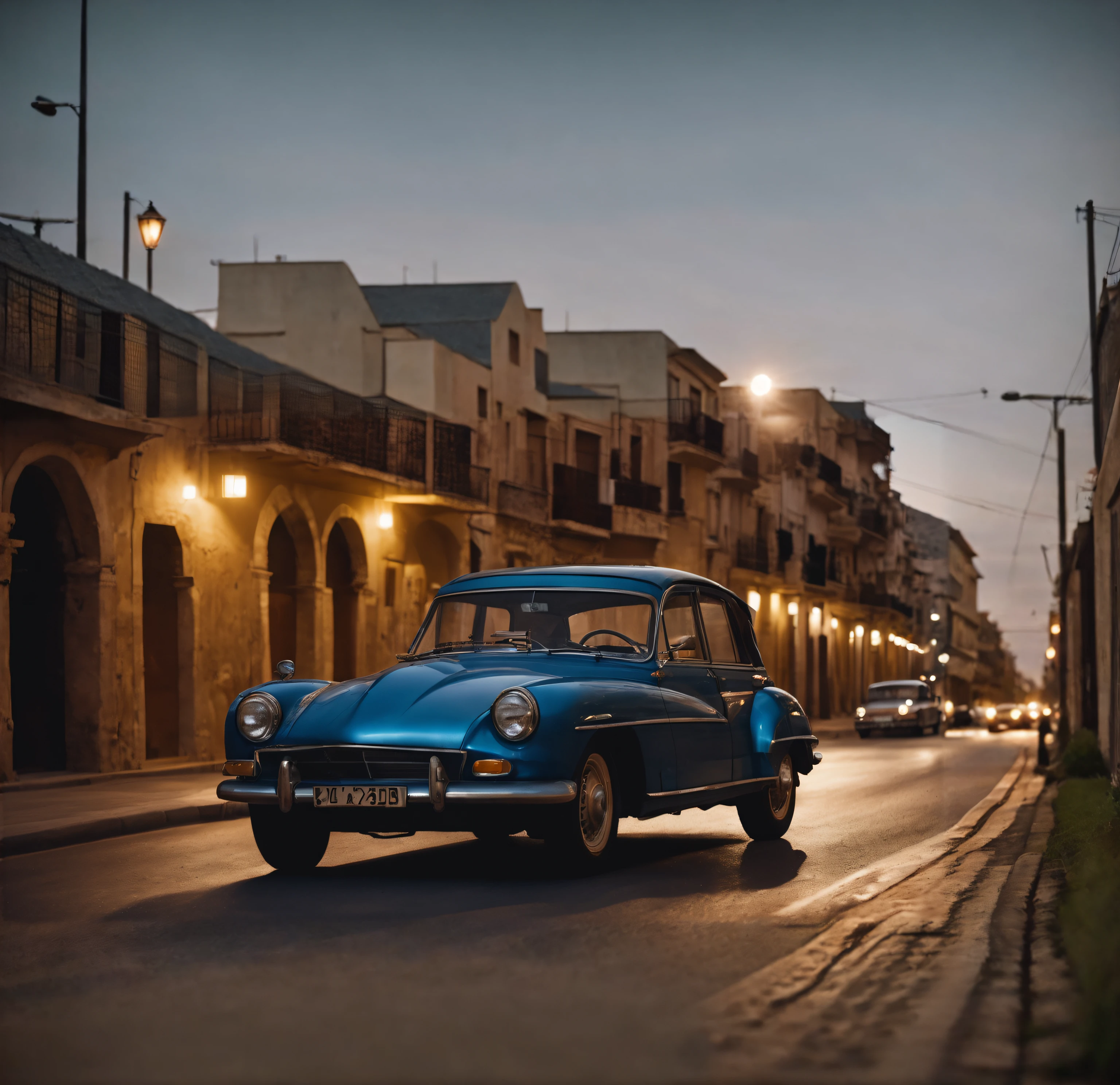 there is a blue car driving down the street at night, classic car, by Etienne Delessert, classic cars, vintage car, peugeot prestige, by Raphaël Collin, by Carlo Martini, vintage cars, vehicle photography, automotive photography, by Daniel Gelon, pexels contest winner, photo still, car photography, looking regal and classic, automobile