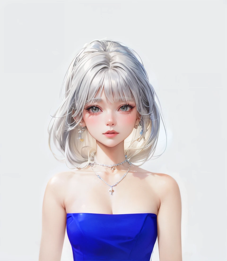 a close up of a woman with a blue dress and a necklace, inspired by Sim Sa-jeong, silver hair (ponytail), the sims 4 texture, crystalline translucent hair, straight hairstyle, white long straight hair, hyperrealistic teen, detailed hair foggy, realistic hair, kawaii realistic portrait, neat hair with bangs, detailed white long hair, girl silver hair