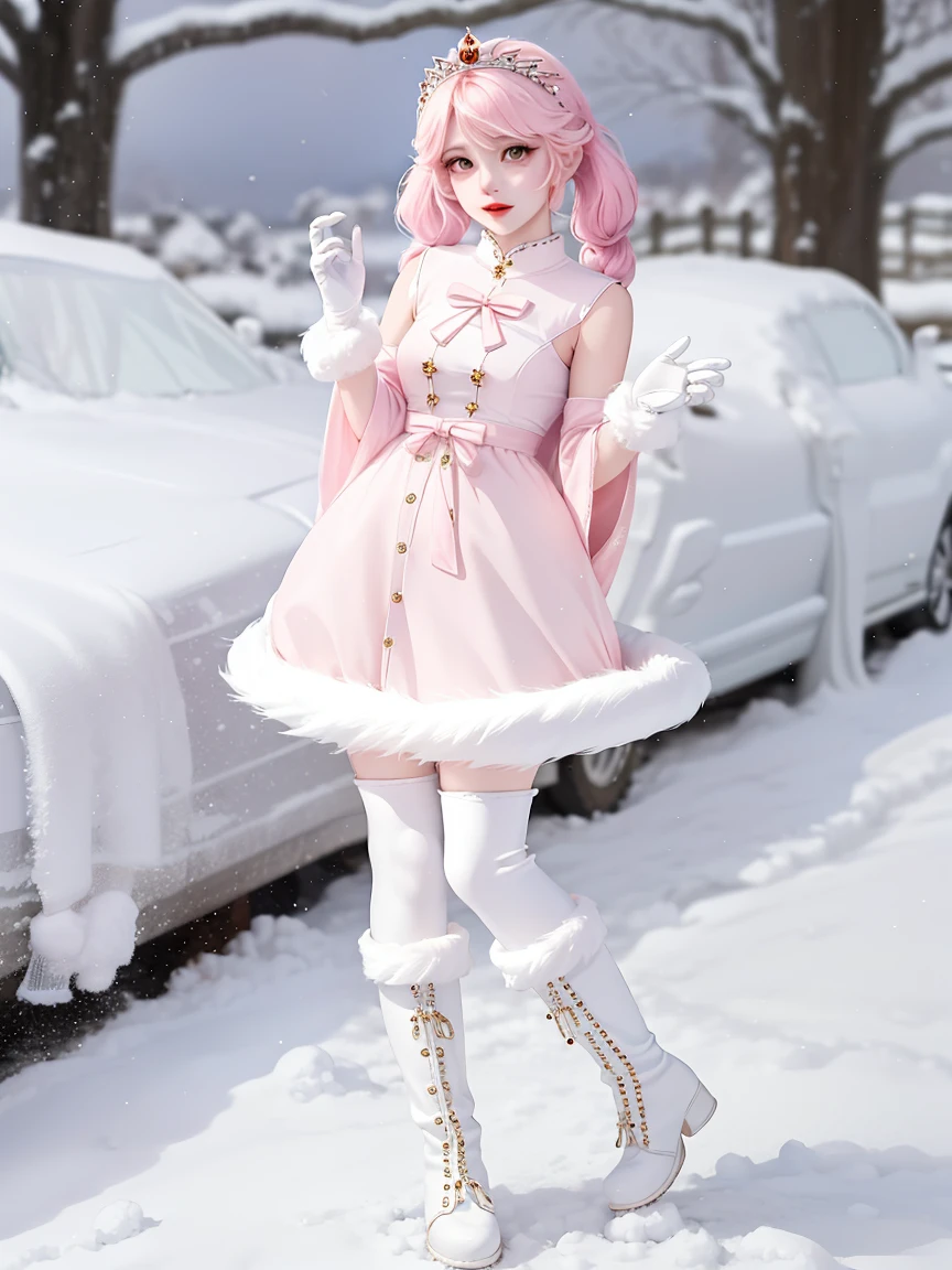 there is a woman in a white outfit and boots posing, inspired by Sim Sa-jeong, white puffy outfit, anime barbie in white, pale snow white skin, inspired by Ma Yuanyu, female furry mini cute style, with white fluffy fur, highly detailed full body, twintails white_gloves, cold as ice! 🧊, winter princess