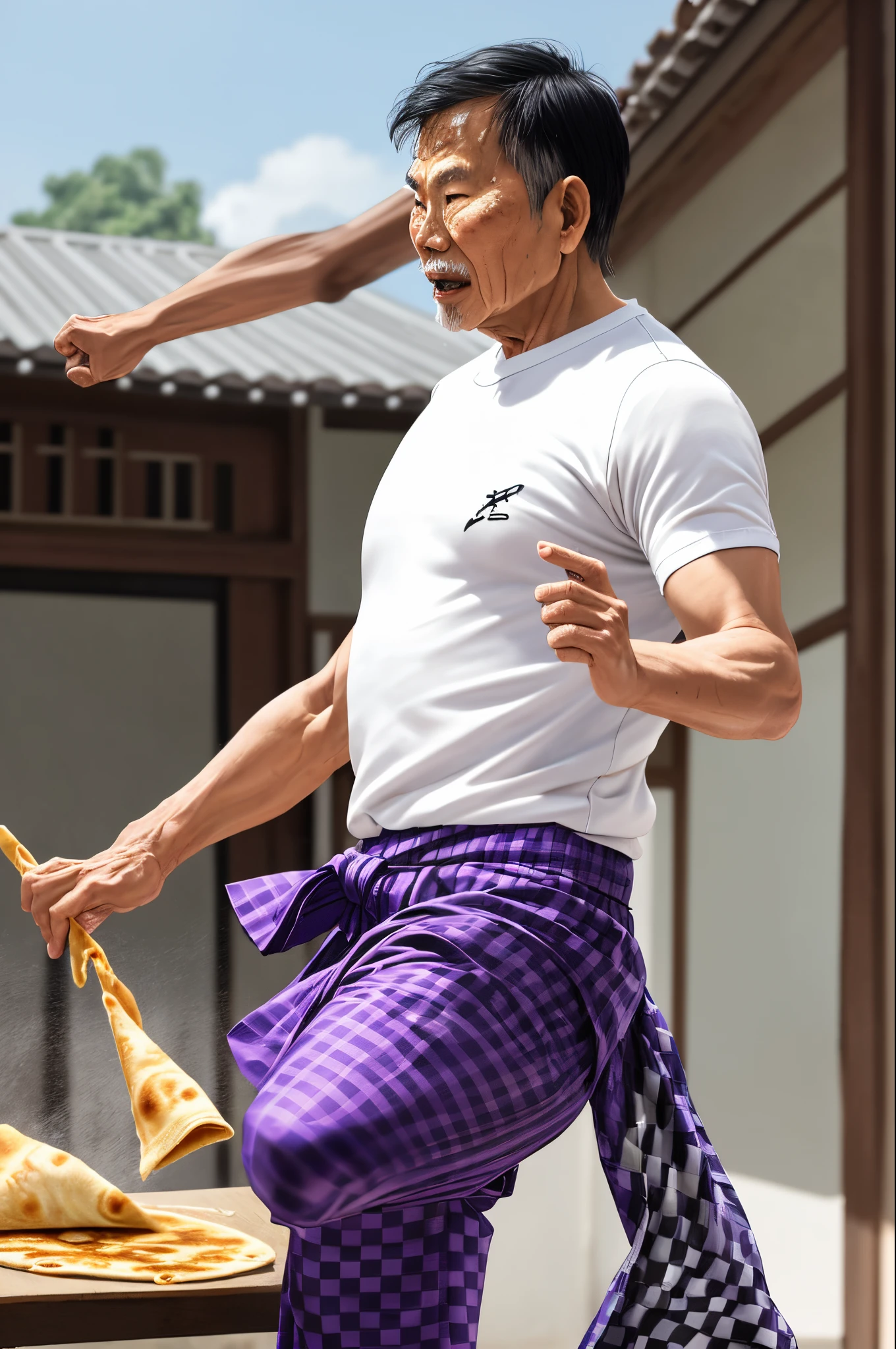 “Realistic art, old malay man late 50’s, fearless face, wearing white t shirt, purple trousers, black and white checkered sarong, making roti prata while doing high kick silat style, multiple roti prata flying on the air, malay kampong background “