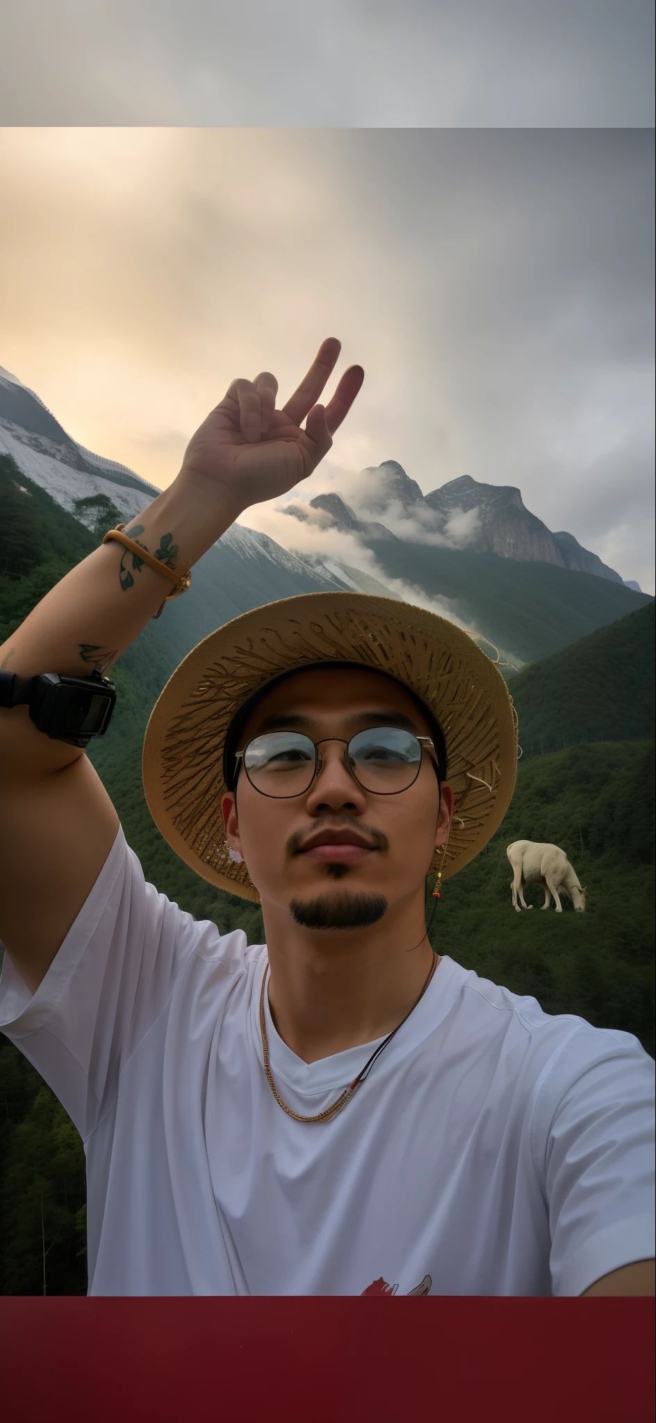 There was a man wearing a hat and glasses standing on the hill, xintong chen, yanjun cheng, huifeng huang, 8k selfie photograph, in front of a forest background, Leng Jun, with the mountains in the background, with the mountains in the background, Wang Qichao, Liang Xing, jinyiwei