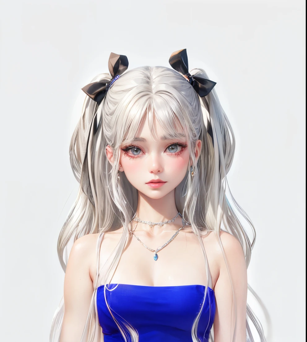 a close up of a woman with a blue dress and a necklace, inspired by Sim Sa-jeong, silver hair (ponytail), the sims 4 texture, crystalline translucent hair, straight hairstyle, white long straight hair, hyperrealistic teen, detailed hair foggy, realistic hair, kawaii realistic portrait, neat hair with bangs, detailed white long hair, girl silver hair