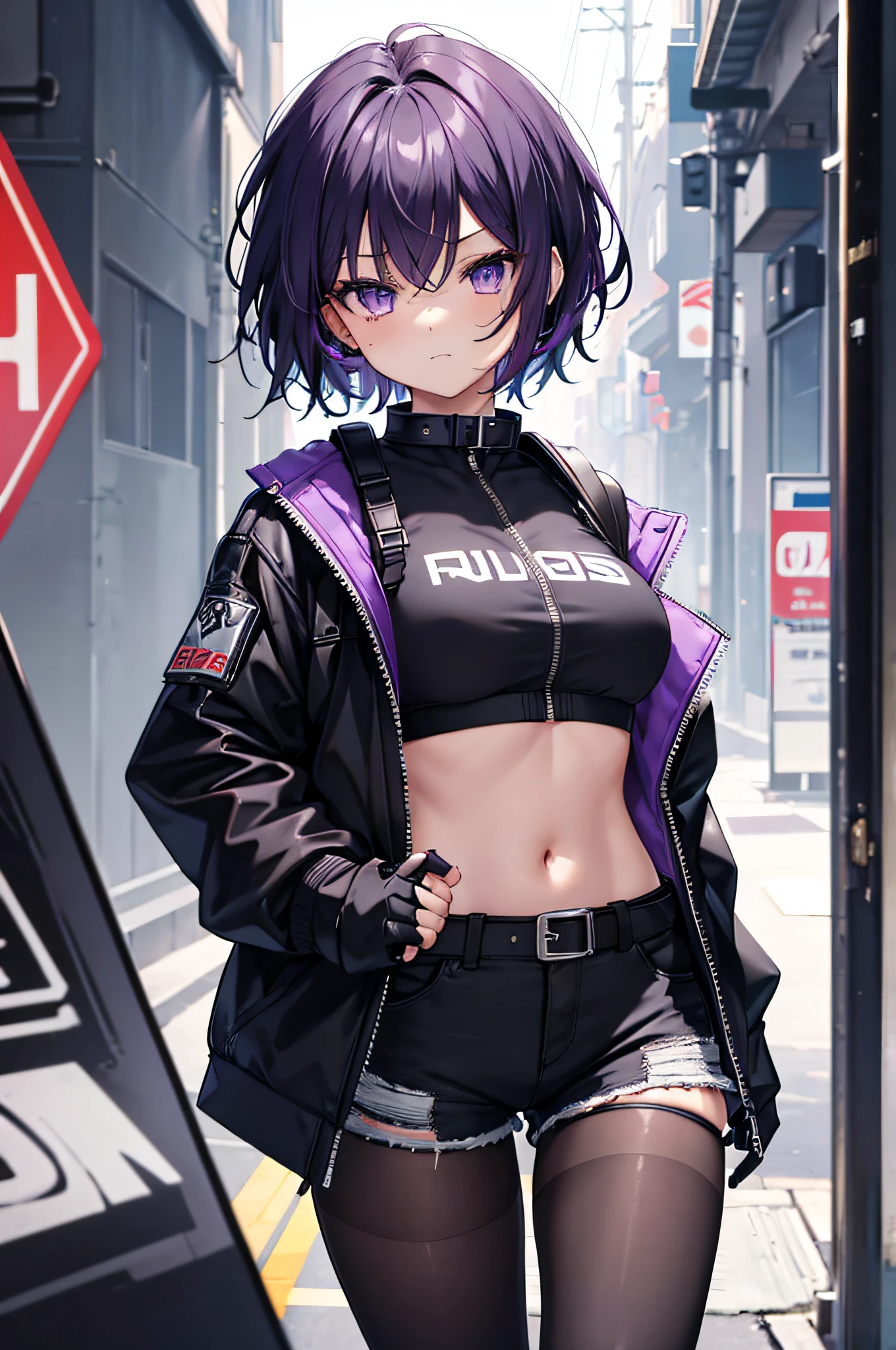 8k, high res, ultrasharp, masterpiece, 1girl, bob hair cut, tomboy, purple eyes, short hair, black with purple highlight hair, swept bang, partially unzipped short black jeans shorts, baggy jacket with straps, black jacket, confident, strong, black hair, black crop top with zipper, black belt collar, fingerless gloves, pantyhose, breast, cool, smug